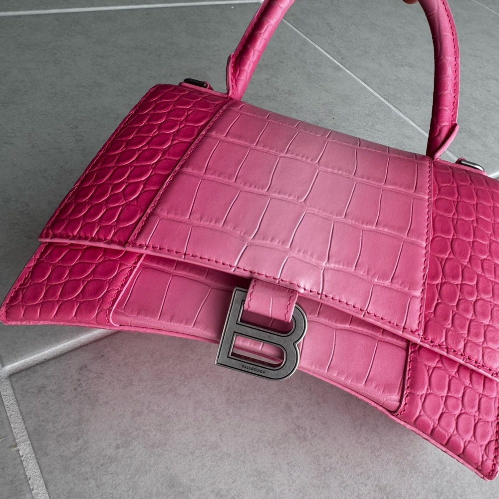 Balenciaga Hour Glass Croc Embossed Pink Sweet Pink Ombré Silver Hardware